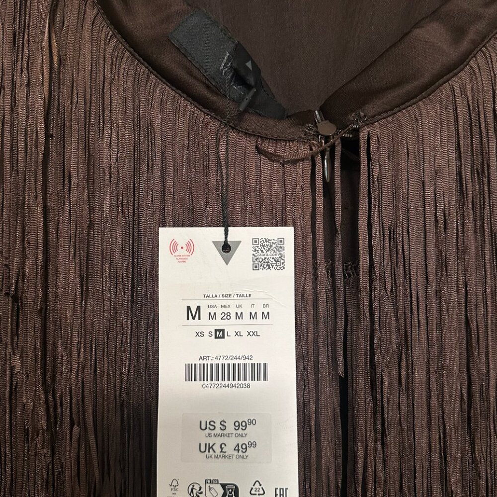 Zara Brown FRINGED STRAPLESS DRESS BNWT - Picture 7 of 7